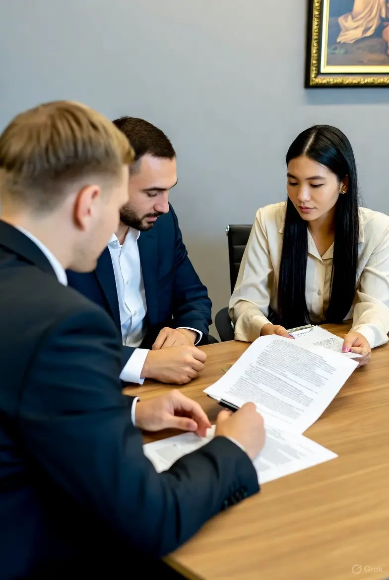 Attorney meeting with clients reviewing probate home sale options